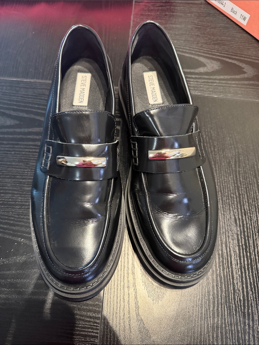 Steve Madden Black Leather Slip-On Loafers with Silver Accent